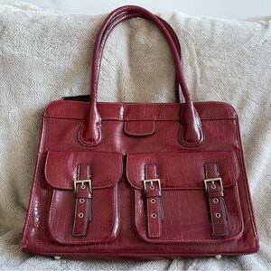 Oversized Faux Leather Red Alligator Shoulder Bag with 2 Large Front Pockets